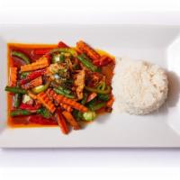 Pad Prik Khing Dinner · Sauteed with spicy curry paste, carrots, bell peppers, green beans, and kaffir lime leaf.