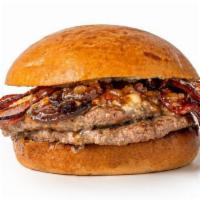 sweet bison blues · 2 all-natural bison patties, uncured bacon, blue cheese, caramelized onion,  bacon jam, meye...