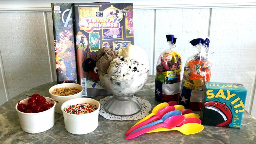 Large Fun Pack · 2 quarts of ice cream, 3 cups of toppings, 10 cups and spoons, A family game, and 2 comic books from more fun comics with 2 assorted bogs of candy from Atomic candy. (Serve about 10 people).