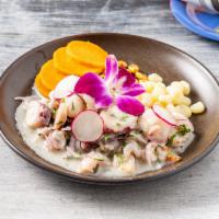 Antojos Del Mar Ceviche · Corvina, calamari, shrimp, octopus, leche de tigre, onions and cilantro.