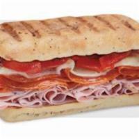 Sicilian  · Slow-cured ham, prosciuttini, pepperoni, provolone, roasted red peppers and creamy Italian d...