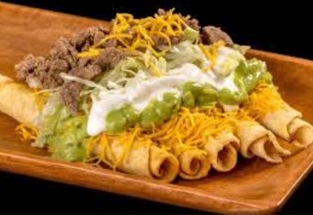 5 Rolled Tacos Cheese with Carne Asada · Cheese guacamole sour cream lettuce and  Carne asada 