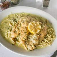 Chicken Francese · Fresh egg battered chicken breast sauteed in a lemon sauce.