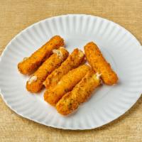 6 Piece Mozzarella Sticks · Mozzarella cheese that has been coated and fried.
