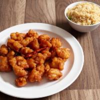 62. General Tso's Chicken · Chunks of boneless chicken, breaded sauteed with spicy, tangy and sweet brown sauce. Hot and...