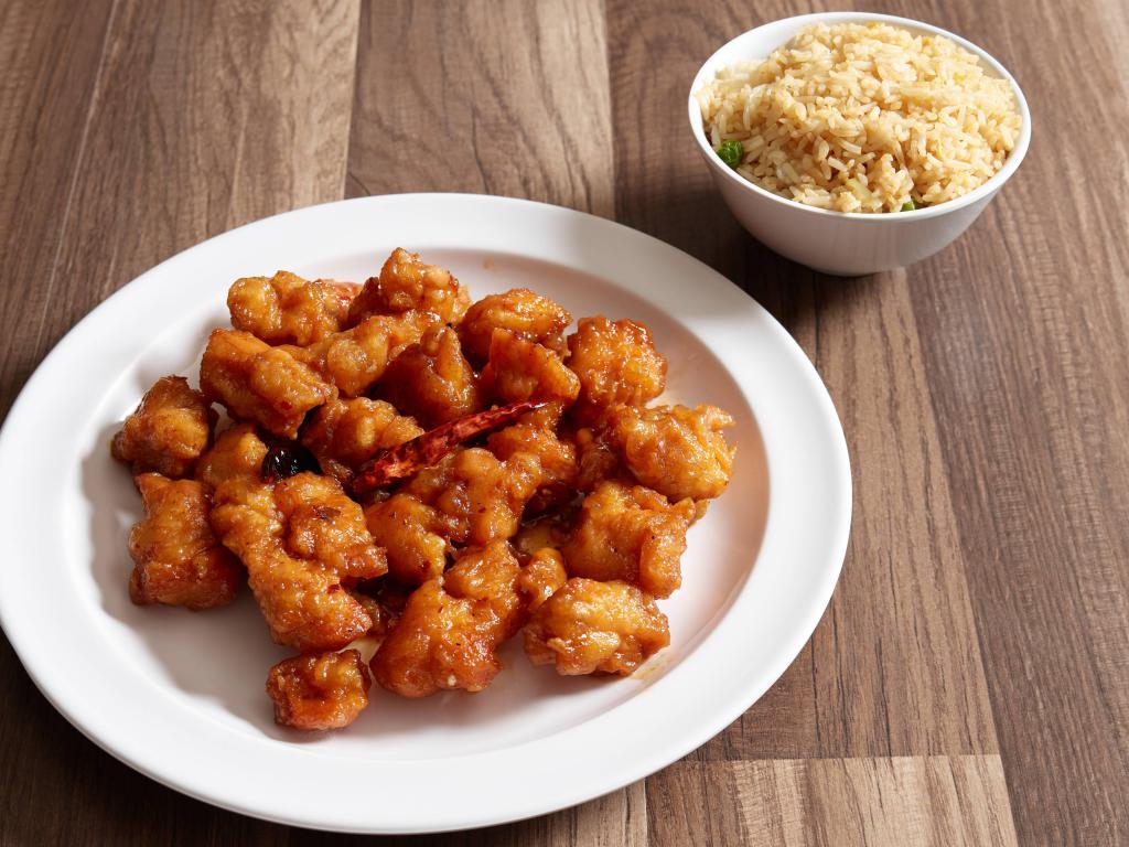 62. General Tso's Chicken · Chunks of boneless chicken, breaded sauteed with spicy, tangy and sweet brown sauce. Hot and spicy.