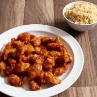 63. Orange Chicken · Chunks of boneless chicken, breaded sauteed with spicy, tangy orange sauce. Hot and spicy.