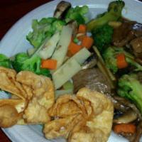 74. Beef with Mix Vegetables · Sliced beef cooked with broccoli, bell pepper, celery, carrot and mushroom in brown sauce.