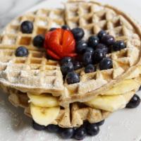 Belgian Waffle (vegan) · Made with local Catskills Flour. Served with Organic Butter and Local Maple Syrup. 

