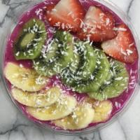 Pink-a-lious · Dragon Fruit,Banana,Coconut Milk,Kiwi,Strawberry,Coconut Shavings