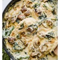 Vegan Chicken with Creamy Mushroom and Spinach  · Half Tray of Vegan Chicken in a Creamy Cheese sauce with Mushrooms and Spinach 
