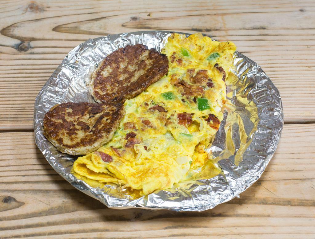 The Bacon Lovers Omelette · Loads of crispy bacon, peppers, onions and cheddar cheese. Served with butter or jelly.