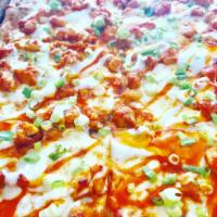 Buffalo Chicken Pizza · Buffalo sauce, fresh mozzarella, blue cheese dressing and scallions.