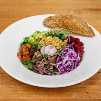 Epic Vegan Brekky Bowl  · Everything: tofu scramble, avocado, mushrooms, sweet potato, kale salad, wilted spinach, Smo...