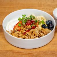 Toasted Maple Pecan Granola · A cultural fusion of nuts, grains and seeds. Served with seasonal fruits, milk and a dollop ...