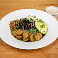 Baba`s Bowl Lunch · House falafel with a roasted beetroot, hummus, lentil & kale salad, along with wild rice and...