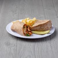 Buffalo Chicken Wrap · Spicy fried chicken with lettuce, tomato, bleu cheese crumbles and bacon in a tomato wrap. S...
