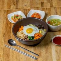 Bibimbab · Rice topped with beef, various cooked vegetables, and fried egg. Served with spicy Korean re...