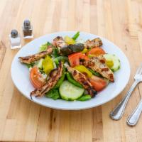 Greek Salad · Gluten-free, vegetarian. Romaine, tomato, cucumber, onion, olives, feta, peppers, dolmades, ...