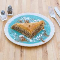 Baklava · Layers of Phyllo Dough with walnuts and cinnamon soaked in simple syrup