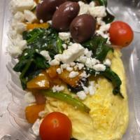 Greek Omelette · Spinach, tomato, onion, bell pepper, zucchini, olives, and feta cheese.