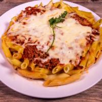 Baked Ziti · Ziti pasta iwht homemade meat sauce and mozzarella cheese. Served with a small house salad a...