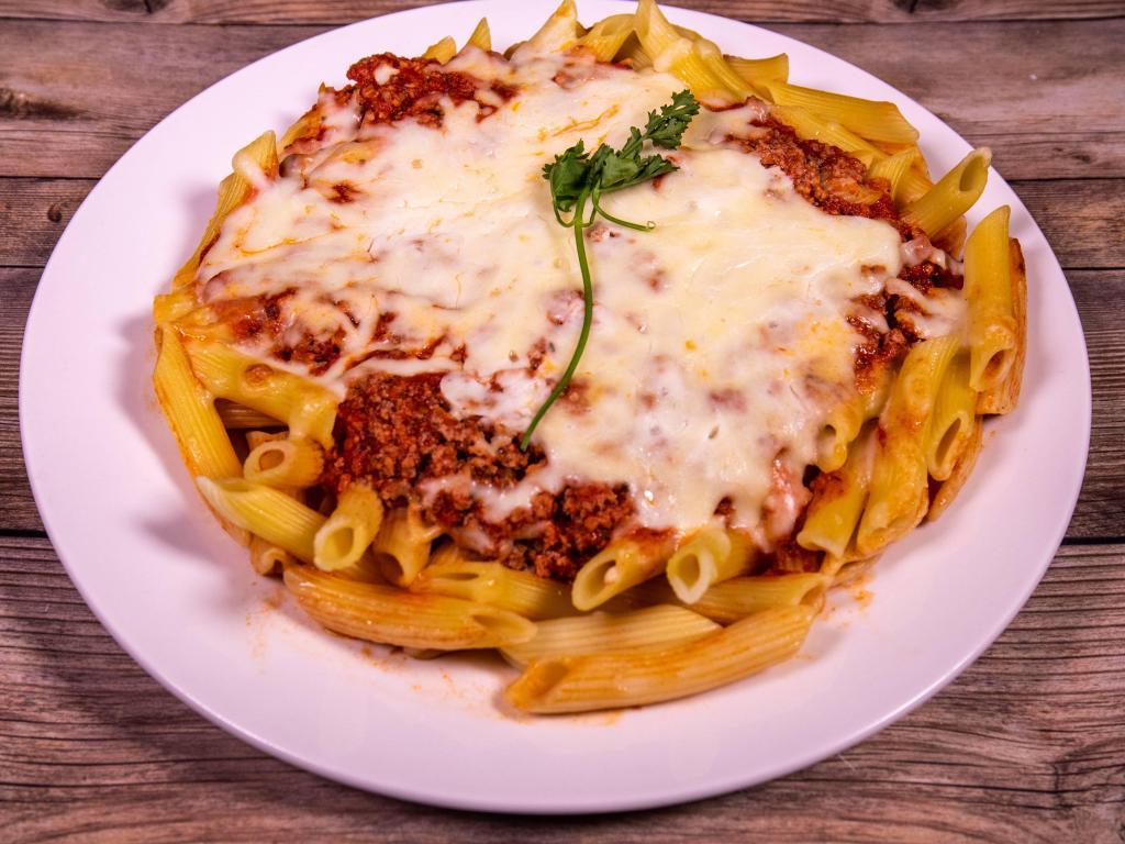 Baked Ziti · Ziti pasta iwht homemade meat sauce and mozzarella cheese. Served with a small house salad and focaccia bread basket.