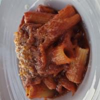 Rigatoni AMATRICIANA · RIGATONI PASTA, Tomato Sauce, Pork cheek, Pecorino Romano