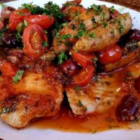 Baby Cod alla Livornese · Baby Cod fish in tomato sauce with black olives, capers and fingerling potatoes