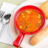Vegetable Soup · Choice of one 12oz soup cup and two breads.
100 calories or less.  Vegan, low carb, gluten-f...