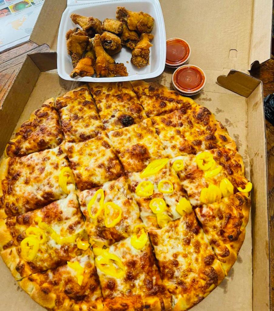Pizza wings combo.  · Lg.cheese pizza w/15wings.and 2-litter pop. 1-blue cheese 1-boss sauce. 
