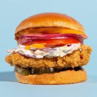The Fried Chicken Sandwich · Slaw, tomatoes, pickles, onions, Chipotle mayo, brioche bun, side fries 