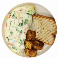 Veggie Omelette · 4 egg whites, melted low-fat mozzarella cheese, tomato, onions, peppers, broccoli, spinach a...