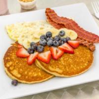 Pancakes Fit Combo · 2 stack of choice of pancakes, 3 egg whites with 2 strips of turkey bacon or 2 links of turk...