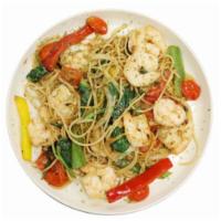 Garlic Shrimp Plate  · Garlic shrimp over whole wheat pasta mixed with onions and peppers, spinach and tomatoes.