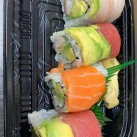 Rainbow · Crabmeat avocado and cucumber, top with tuna salmon white fish avocado