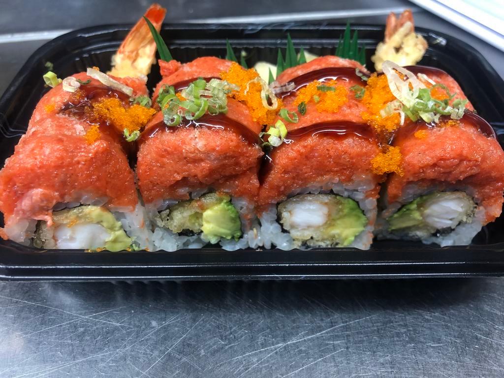 Manhattan Roll · Shrimp Tempura, Avocado Topped w. Spicy Tuna, Crunch, Scallion & Masago
