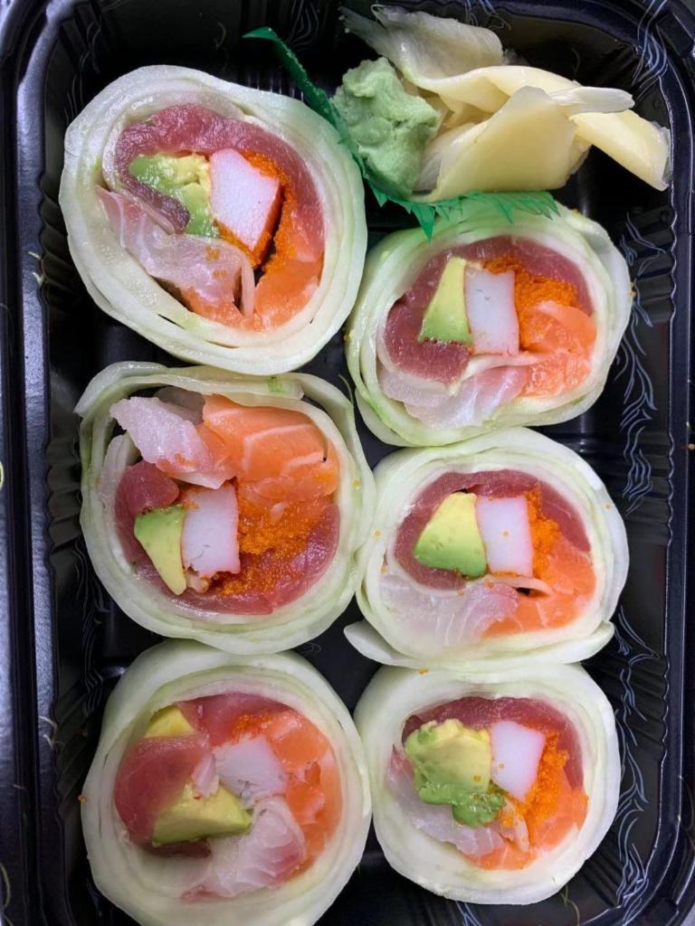 Rainbow Naruto · Tuna, Yellowtail, Salmon and Avocado w. Wrapped in Cucumber