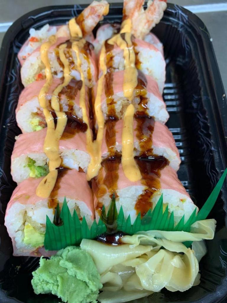 Hot Lover Roll · Shrimp Tempura, Spicy Tuna, Crunch, Avocado wrapped in Sesame Soy Paper w. Spicy Mayo and Eel Sauce.