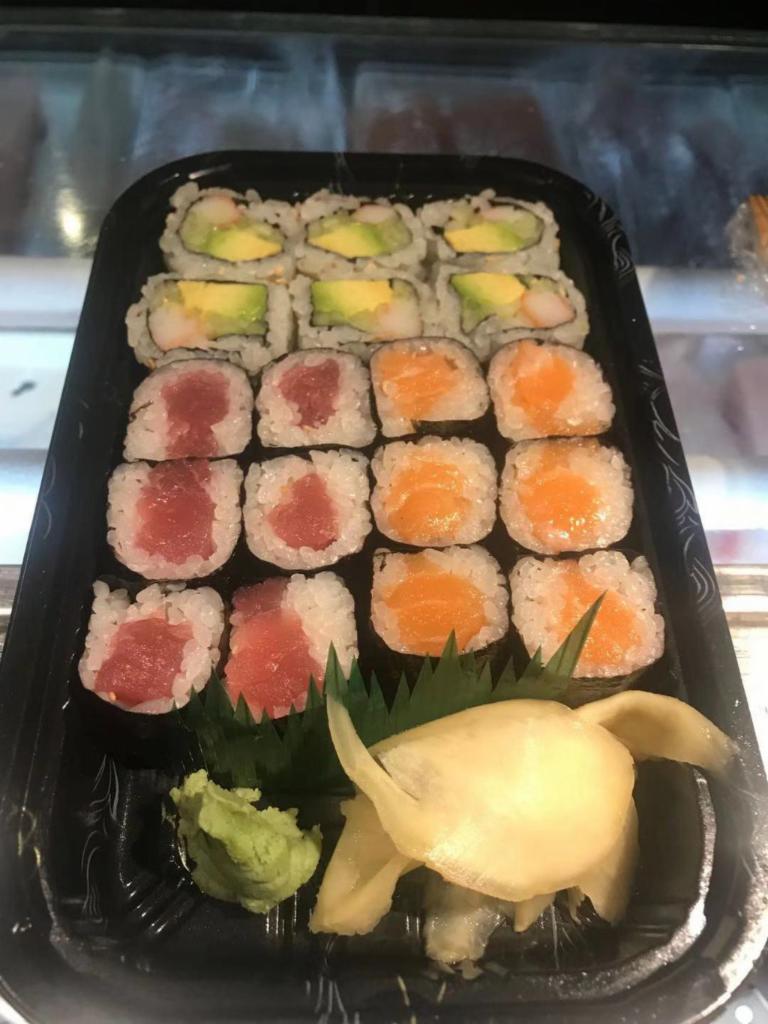 Maki Combo · 1 California roll, 1 Tuna roll and Salmon roll. Served with soup or salad.