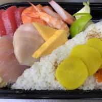 Chirashi Deluxe · Assorted Fish Sashimi rice Bowl. Served with soup or salad.