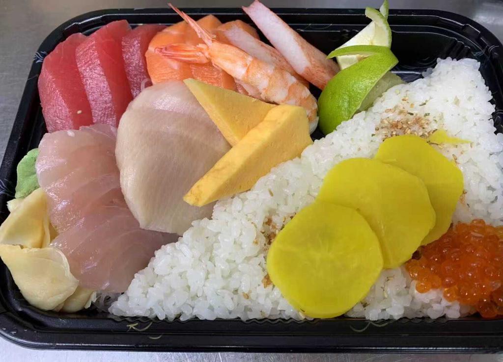 Chirashi Deluxe · Assorted Fish Sashimi rice Bowl. Served with soup or salad.