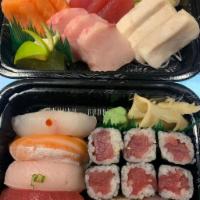 Sushi and Sashimi Combo · 5 pieces of Assorted Sushi, 12 pieces of Assorted Sashimi and 1 Tuna roll. Served with soup ...
