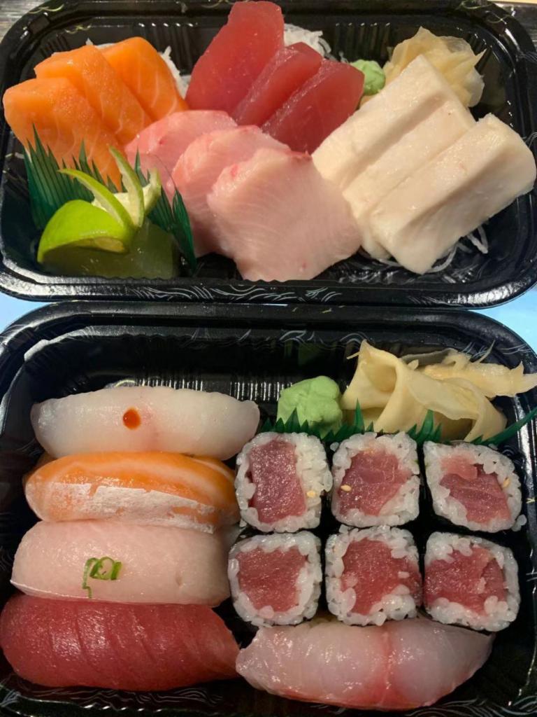 Sushi and Sashimi Combo · 5 pieces of Assorted Sushi, 12 pieces of Assorted Sashimi and 1 Tuna roll. Served with soup or salad.
