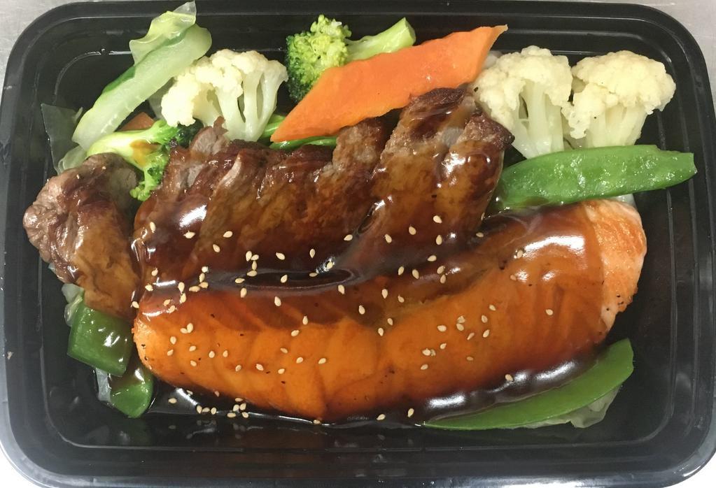 Steak and Salmon Teriyaki · Served with Rice, Soup or Salad.