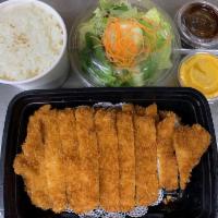 Chicken Katsu · Fried Chicken Cutlet w. Vegetable. Served with Rice, Soup or Salad.