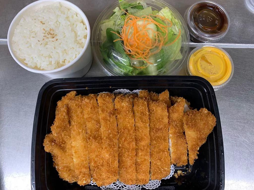 Chicken Katsu · Fried Chicken Cutlet w. Vegetable. Served with Rice, Soup or Salad.