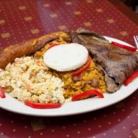 Desayuno #1 · Calentado, Huevos Pericos, Entraña ‘O’ Churrasco 
(Rice & Beans, Colombian Style Eggs, Grill...