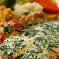 Chicken Popeye · Chicken breast with cheese and spinach. Served with rice and vegetables.