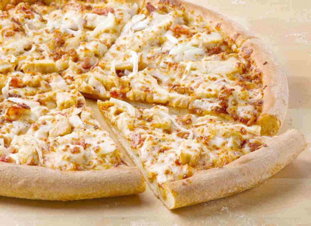 BBQ Chicken Bacon Pizza · BBQ sauce topped with all-white chicken, bacon and onions.